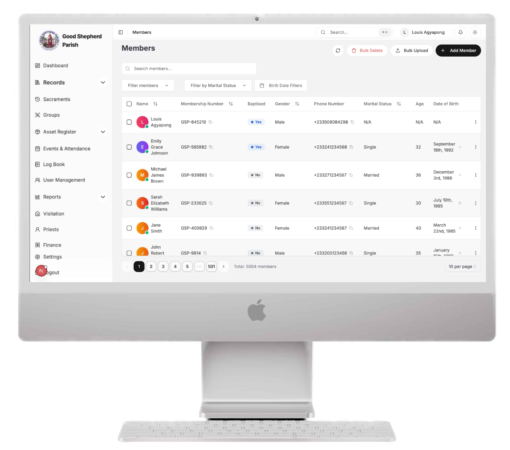 ChurchOS Members Dashboard on iMac